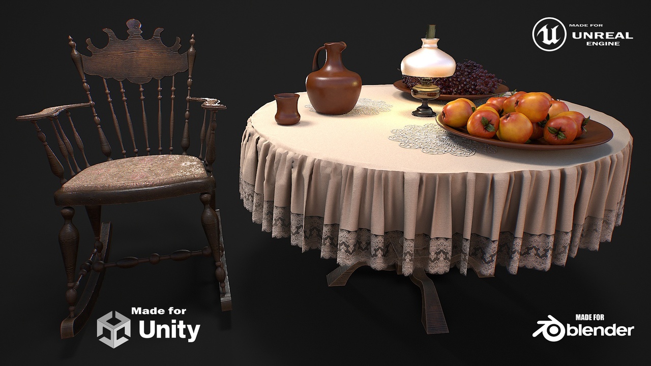 Media 1 for listing Furniture set with dishes and fruits 3d model