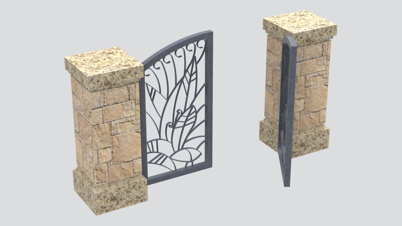 Media 1 for listing Wrought Iron Courtyard Gate with Stone Pillars and Leaf Motif 3D Model
