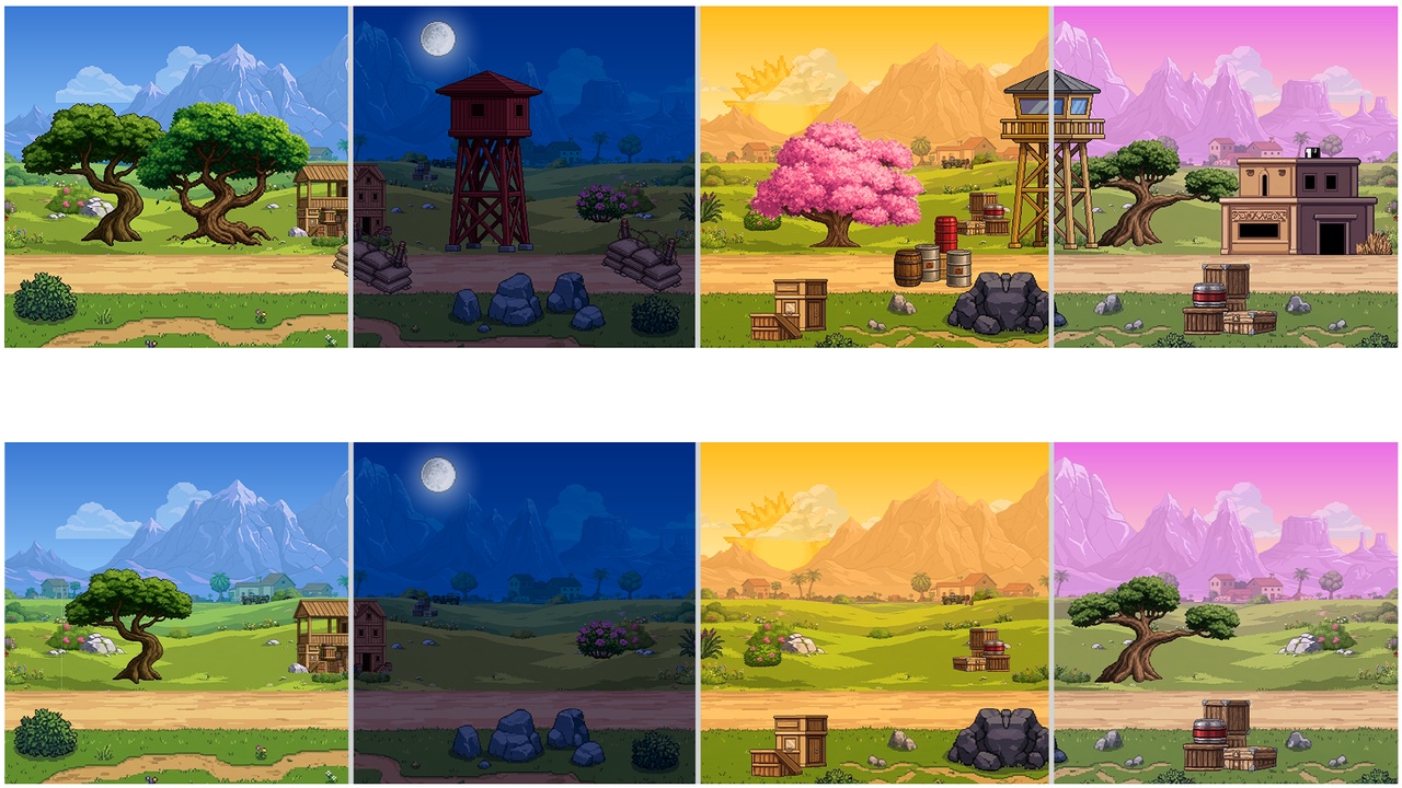 Media 1 for listing 2D Pixel Art Countryside Parallax Environment Pack – DAY • Pink SUNSET • NIGHT •