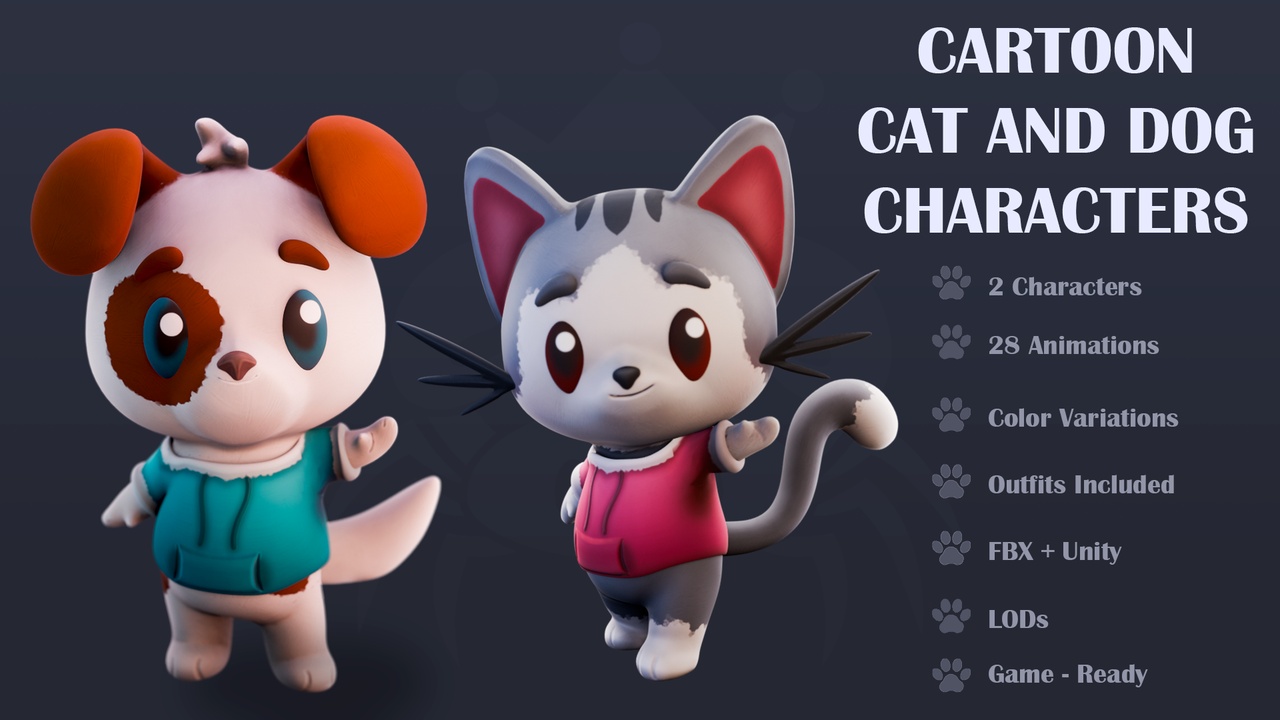 Media 1 for listing Cartoon Cat & Dog Character Bundle – Animated Game Ready Animals (FBX + Unity)