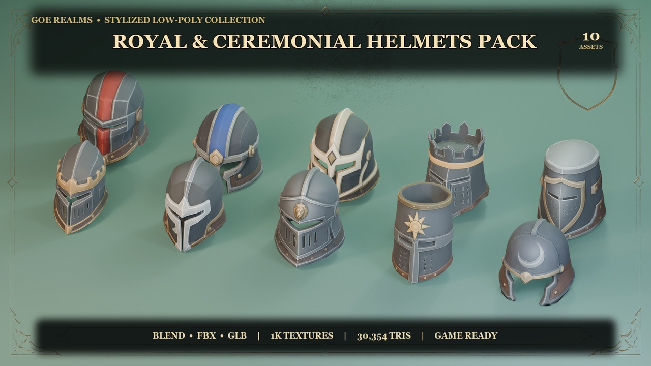Media 1 for listing Stylized Royal & Ceremonial Helmets Pack – 10 Hand-Painted Props