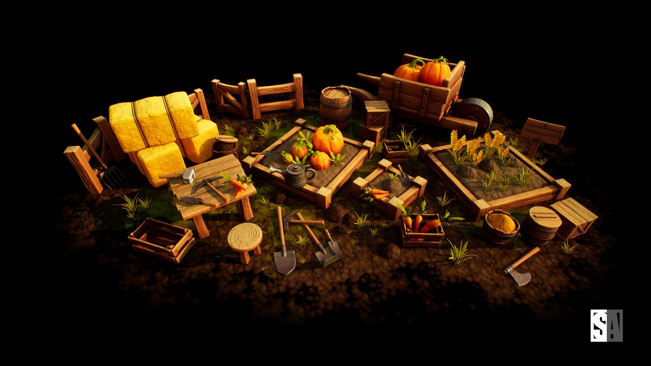 Media 1 for listing Stylized Modular Farm Props – Crops, Tools, & Decor Kit