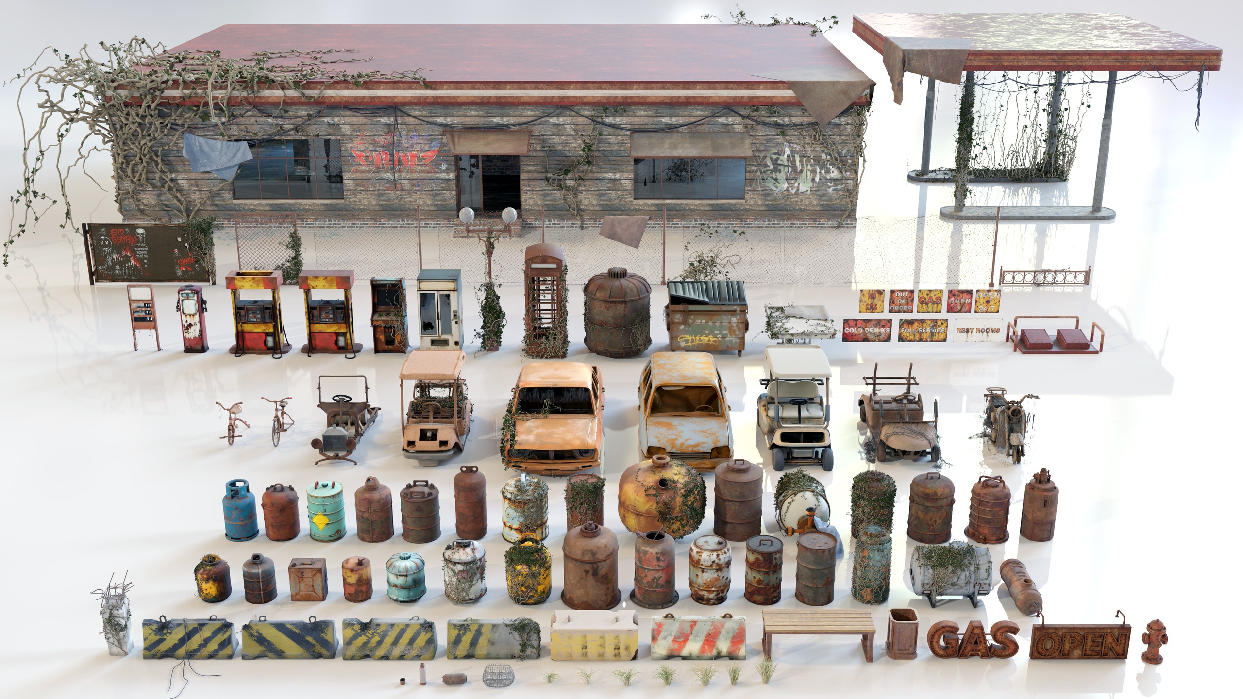 Media 1 for listing Post-Apocalyptic Junkyard Rusty Gas Station Props Pack (217 3d assets)