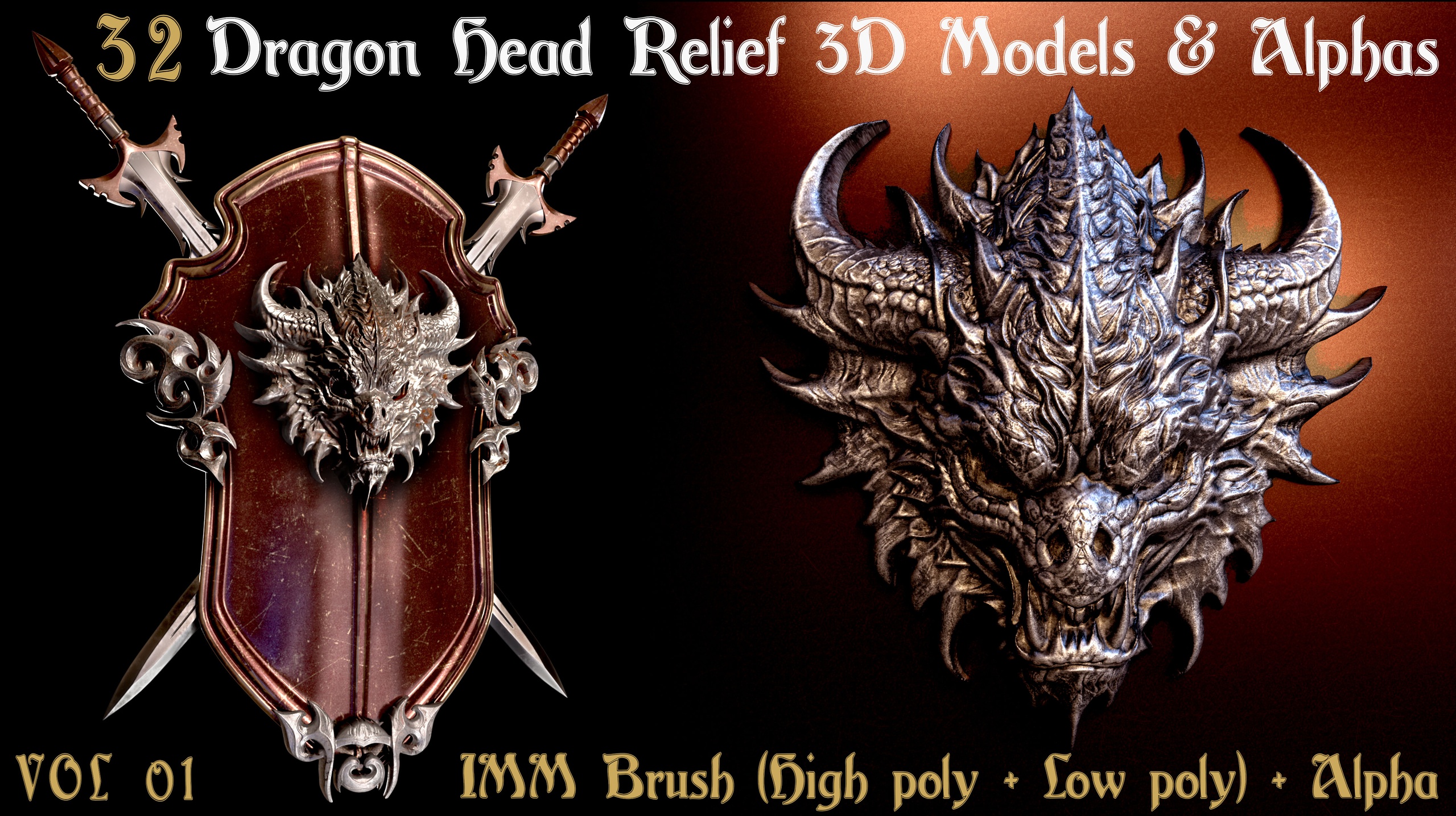 Media 1 for listing 32 Dragon Head Relief 3D Models & Alphas - Vol1