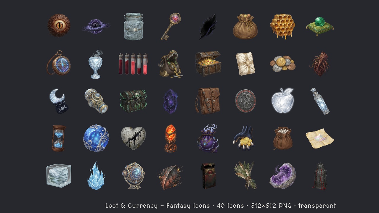 Media 1 for listing Loot & Currency - 40 Fantasy Icons [512x512 HD]