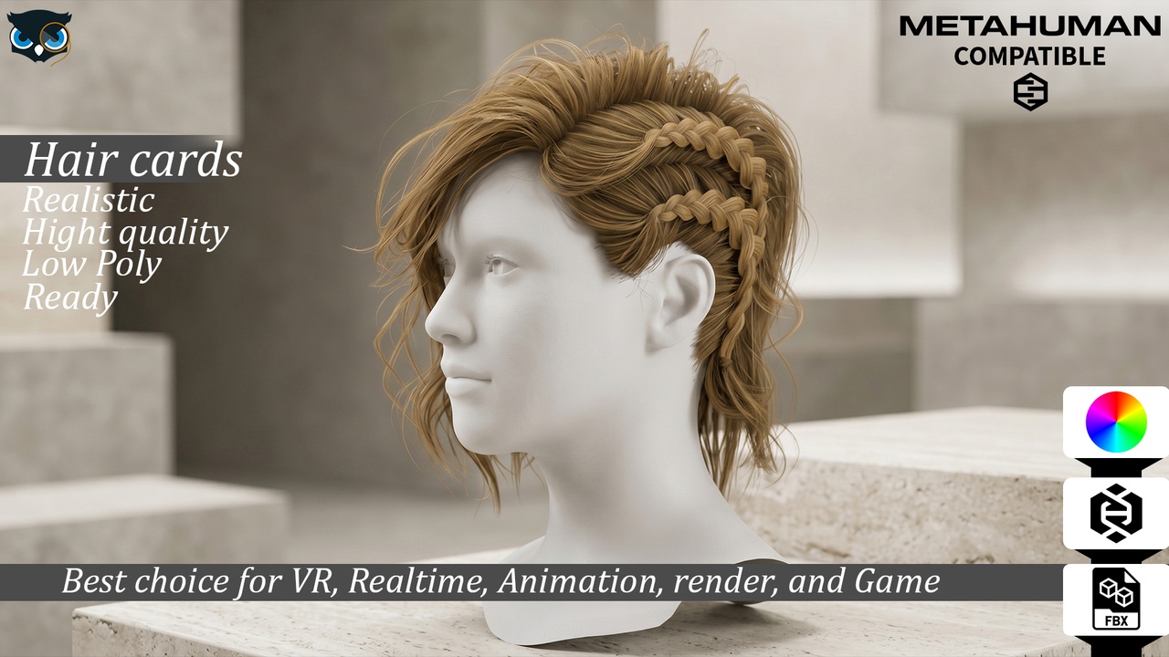 File multimediali per l'articolo Realistic Braided Punk Mohawk Hair Cards MetaHuman Compatible: 1