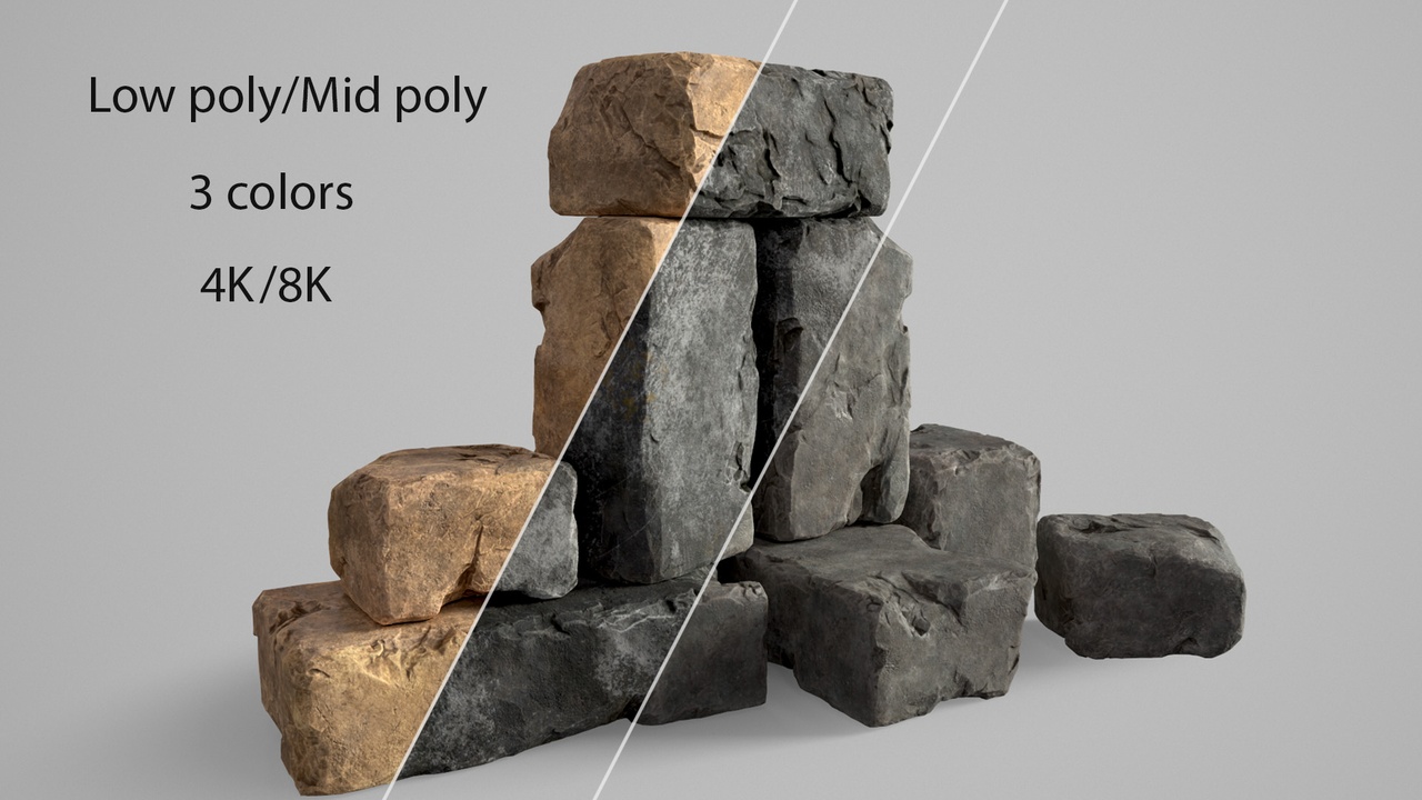 Media 1 for listing Stones rock set 01 Four high-detailed pieces - 3 colors