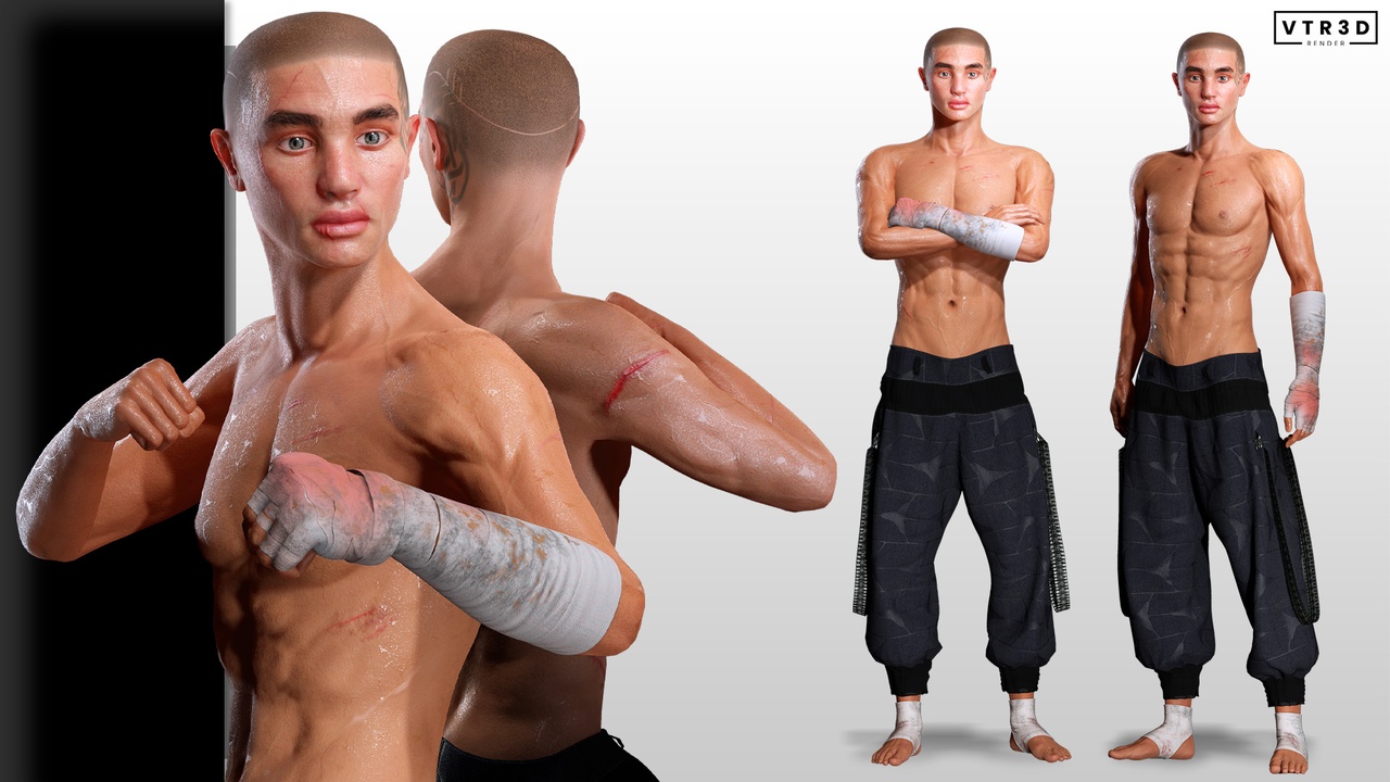 Media 1 for listing Realistic Male Fighter Character Athletic Body Battle Scars