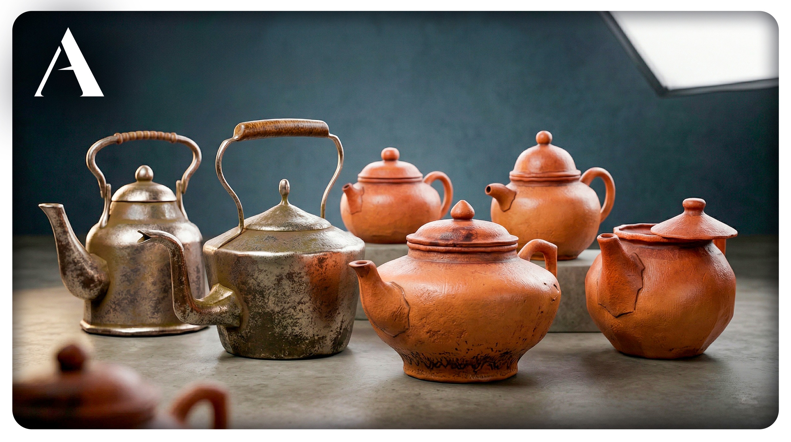 Media 1 for listing Handcrafted Teapot Set, 6 Unique Ceramic & Metal Teapots (Game-Ready Props)