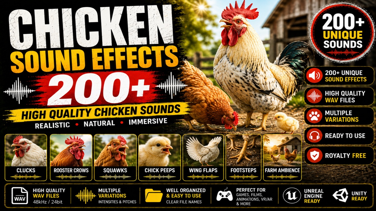 Media 1 for listing Chicken Sounds 200+ Sound Effects FX – High-Quality Chicken Clucks & Farm Animal