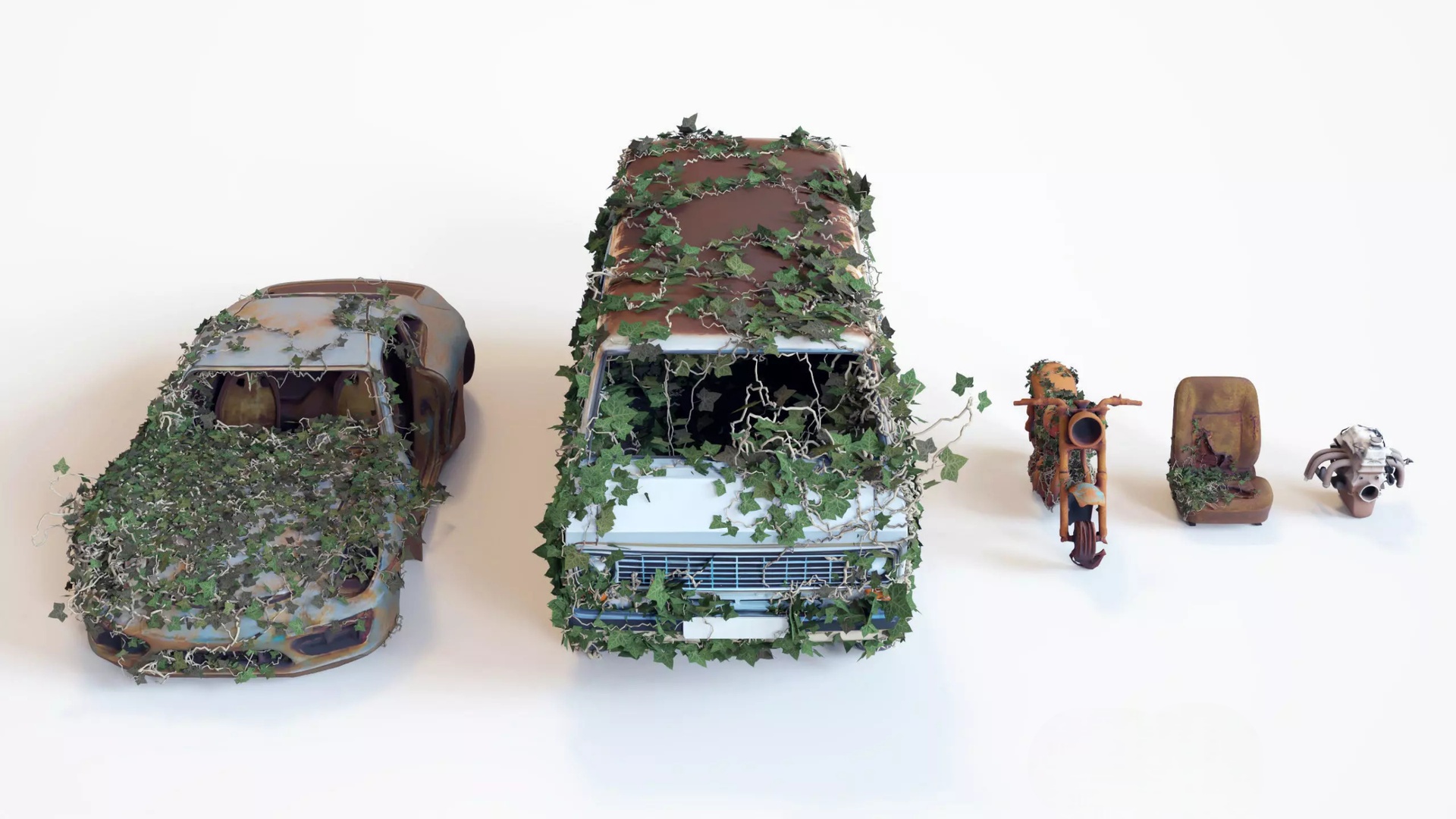 Media 1 for listing Old Abandoned Rusty Cars – Overgrown Post-Apocalyptic Vehicle Pack