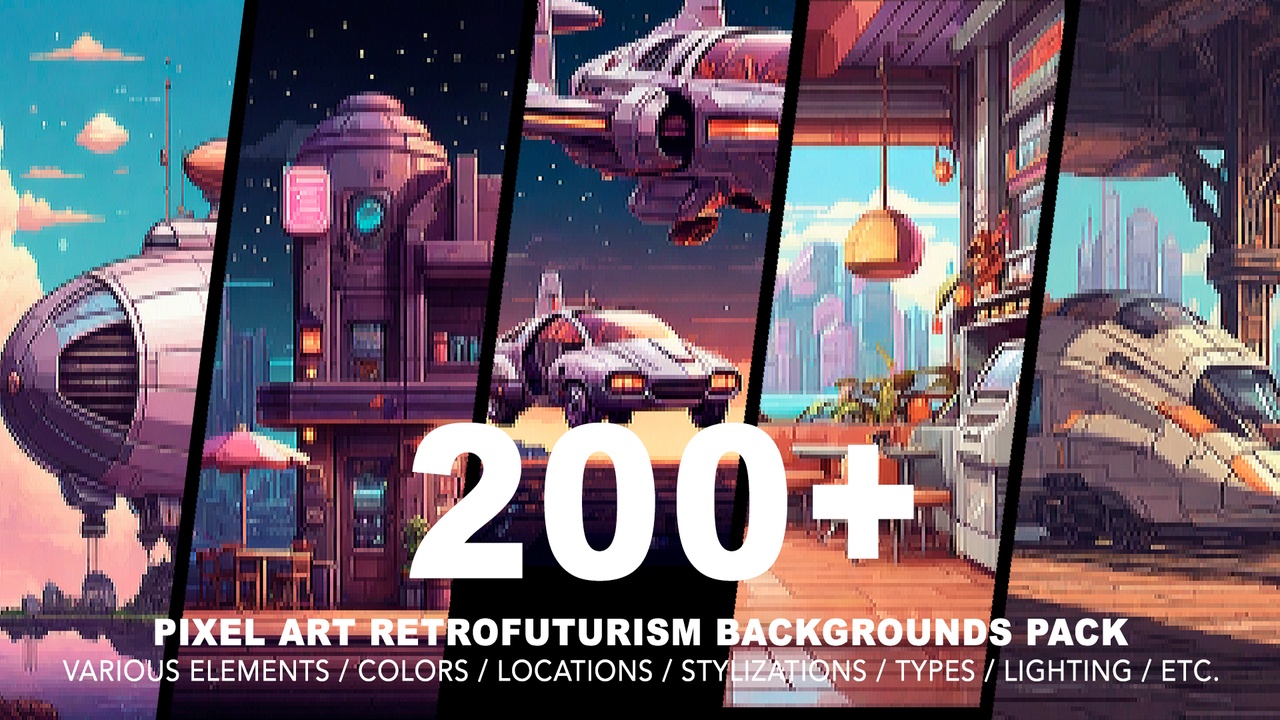 Media 1 for listing 200+ RETROFUTURISM PIXEL ART BACKGROUNDS