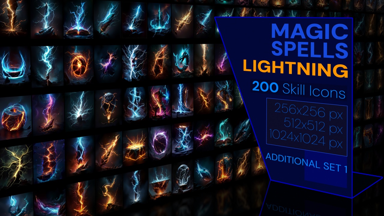 Media 1 for listing 200 additional magical spell icons themed around - Lightning. Pack 1
