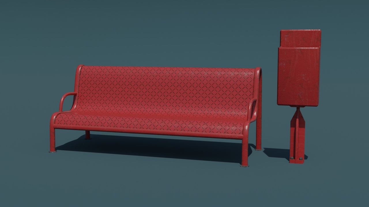 Media 1 for listing City Bench & Garbage Can – Red Steel Street Furniture (1K & 4K)