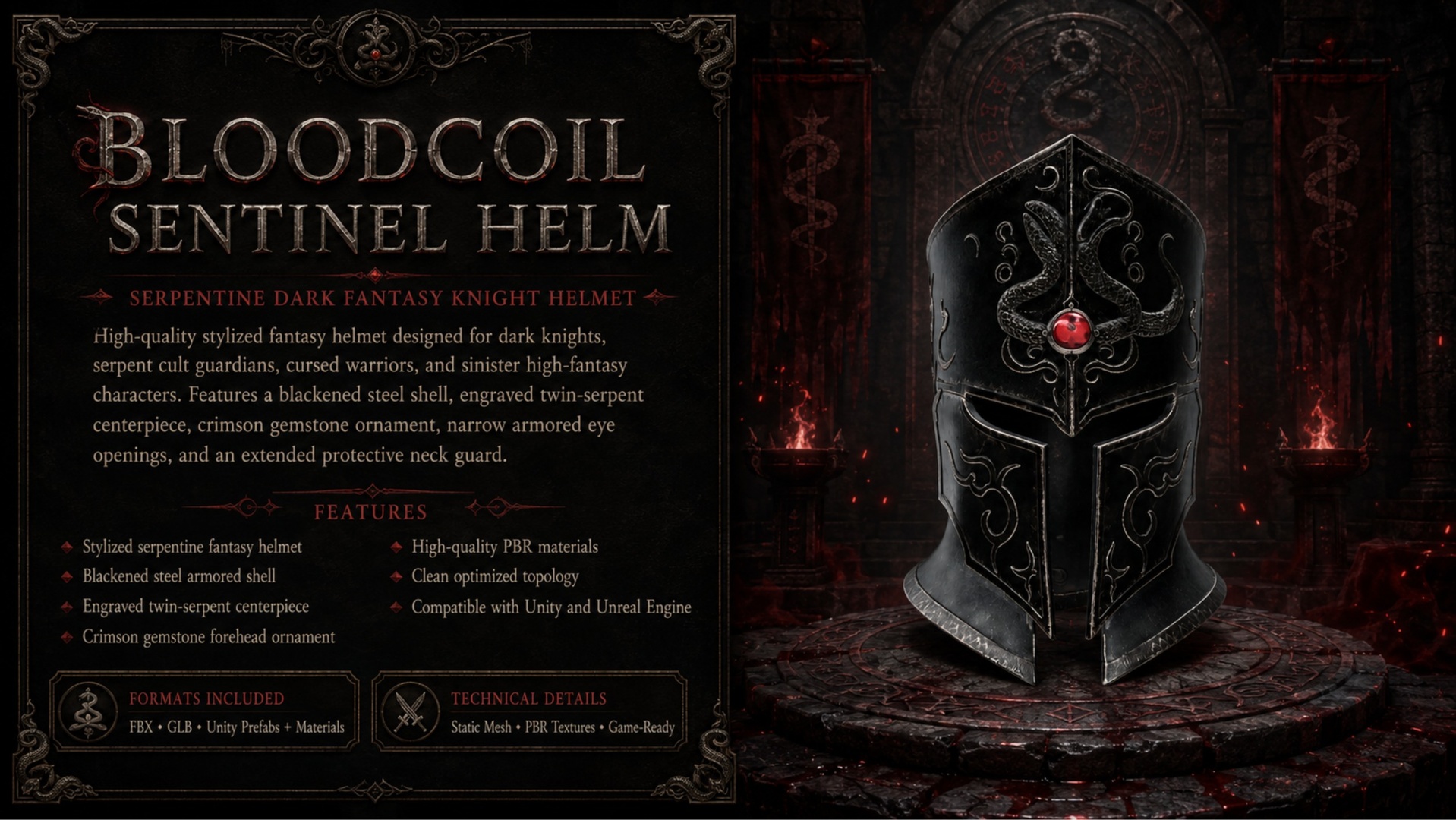 Media 1 for listing Bloodcoil Sentinel Helm – Serpentine Dark Fantasy Knight Helmet