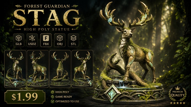 Forest Guardian Stag | High Poly Fantasy Statue | Game Ready — Cobalt Game Assets