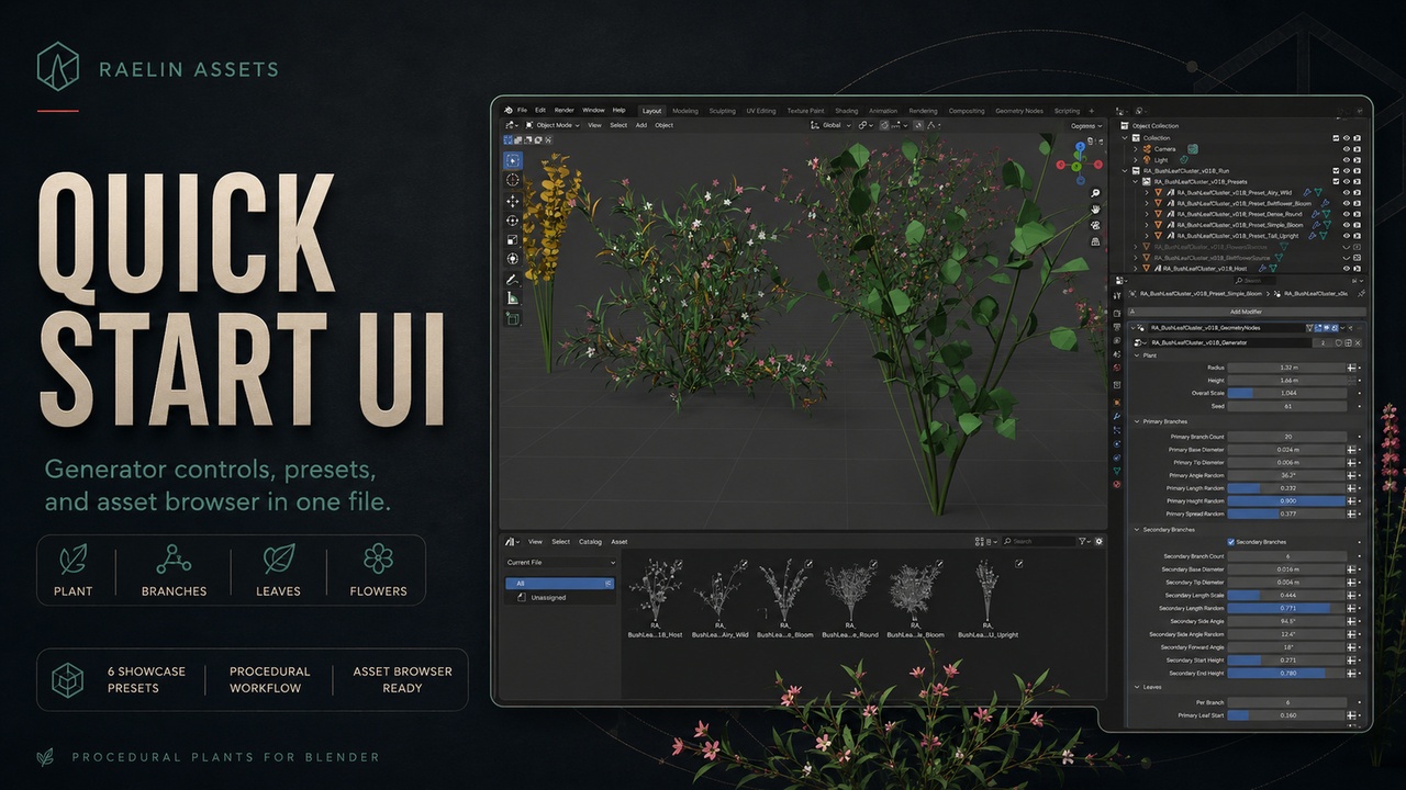 Media 1 for listing Procedural Bush & Leaf Cluster Generator for Blender