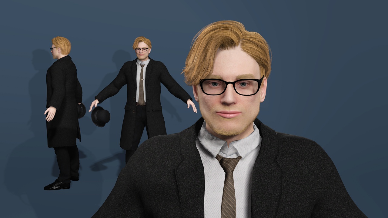 Media 1 for listing Male Gentleman Detective Fully Rigged with Blendshapes复古绅士 侦探 男性 角色模型 全身绑定 面部表情