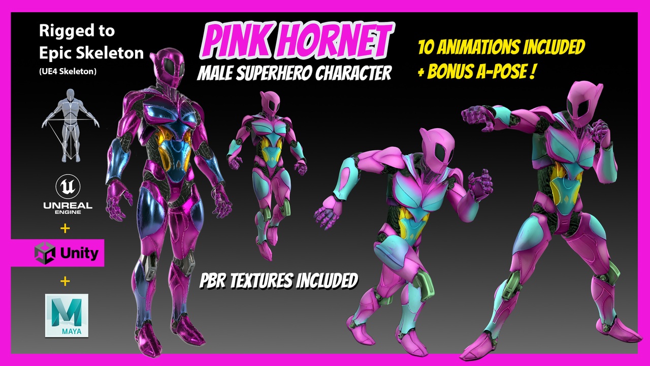 Media 1 for listing Pink Hornet Stylized Male Superhero Character Rigged to UE Skeleton, Unity, Maya
