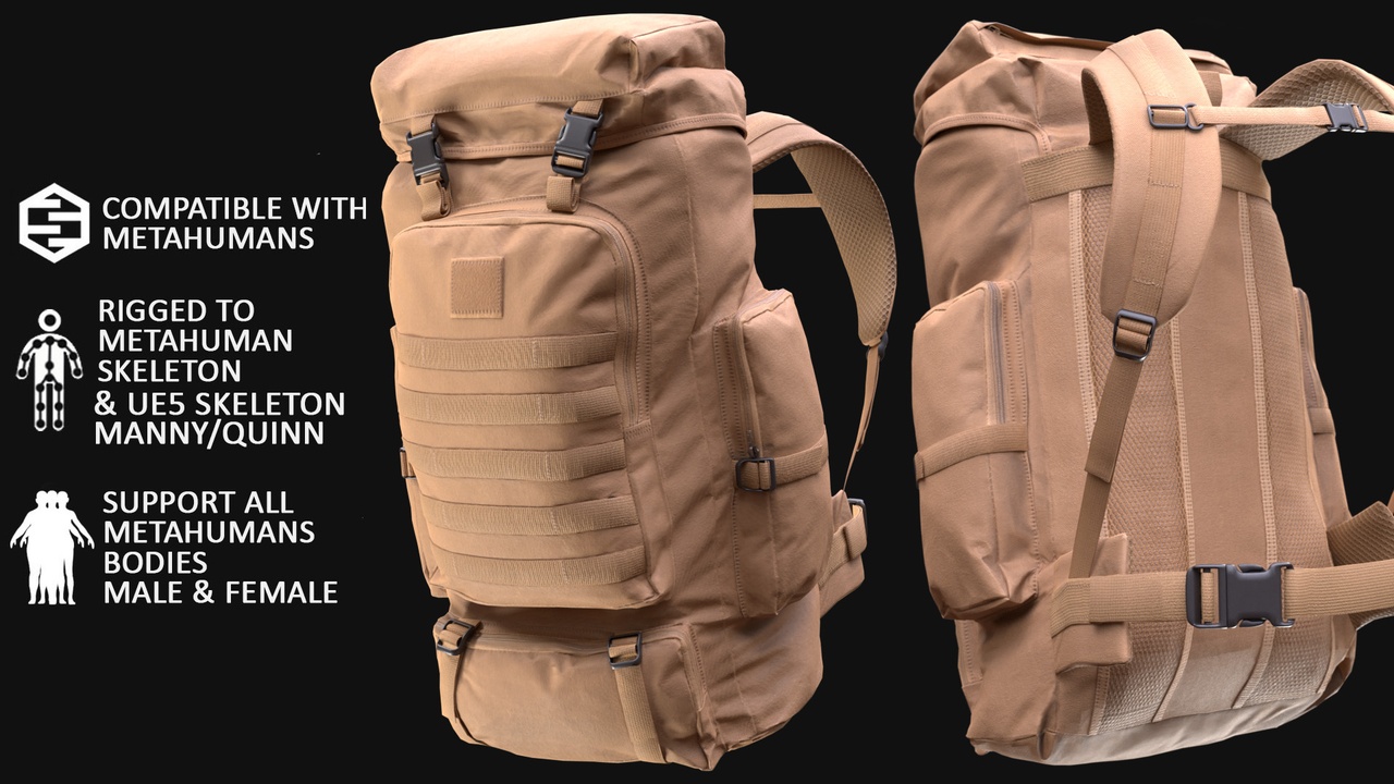 Media 1 for listing Tactical Hiking Backpack for Metahuman 3D model 75 - MH & UE5 Skeletons - Rigged