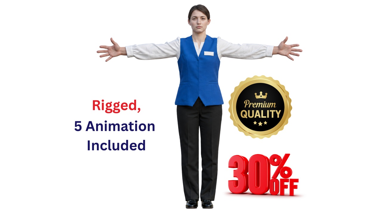 Media 1 for listing Photorealistic Rigged Female Hotel Staff Receptionist - 5 Animations PBR