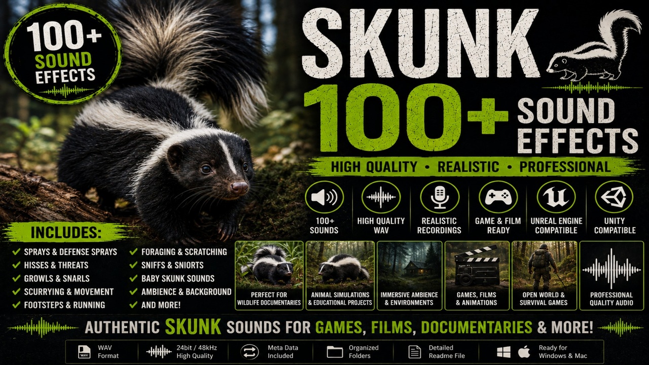 Media 1 for listing Skunk Sounds 100+ Sound Effects FX – High-Quality Skunk Hisses, Growls & Chatter