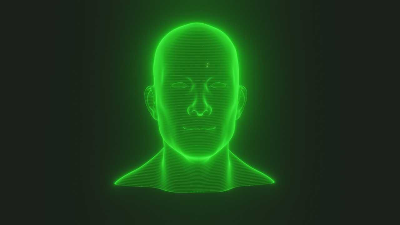 Sci-Fi Green Hologram Male Head 3D Model - Rigged, Animated, Blend