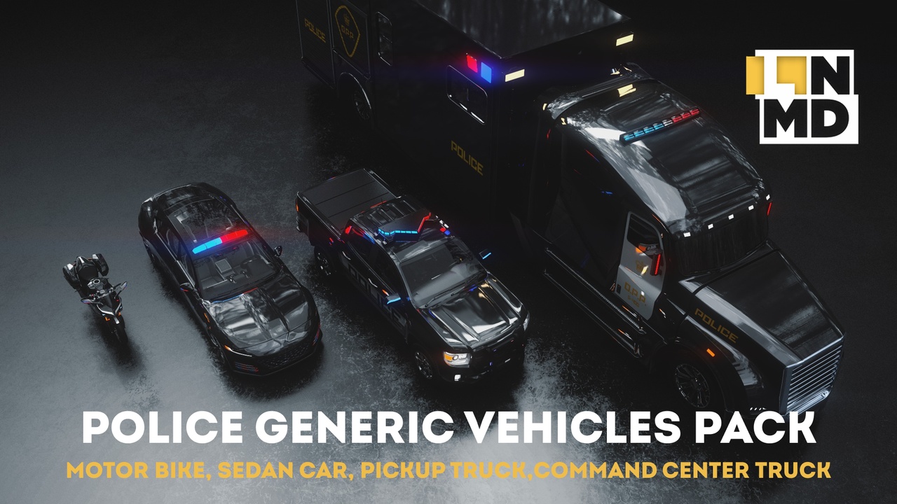 Media 1 for listing POLICE GENERIC VEHICLES 3D PACK – TRUCK, SEDAN, PICKUP TRUCK & MOTORCYCLE