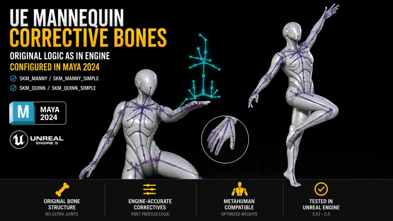Media 1 for listing Manny Post Process logic corrective joints - file Maya 2024