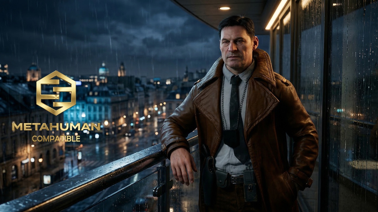 Media 1 for listing Brown Leather Detective Trench Coat with Shirt and Tie Urban Investigator