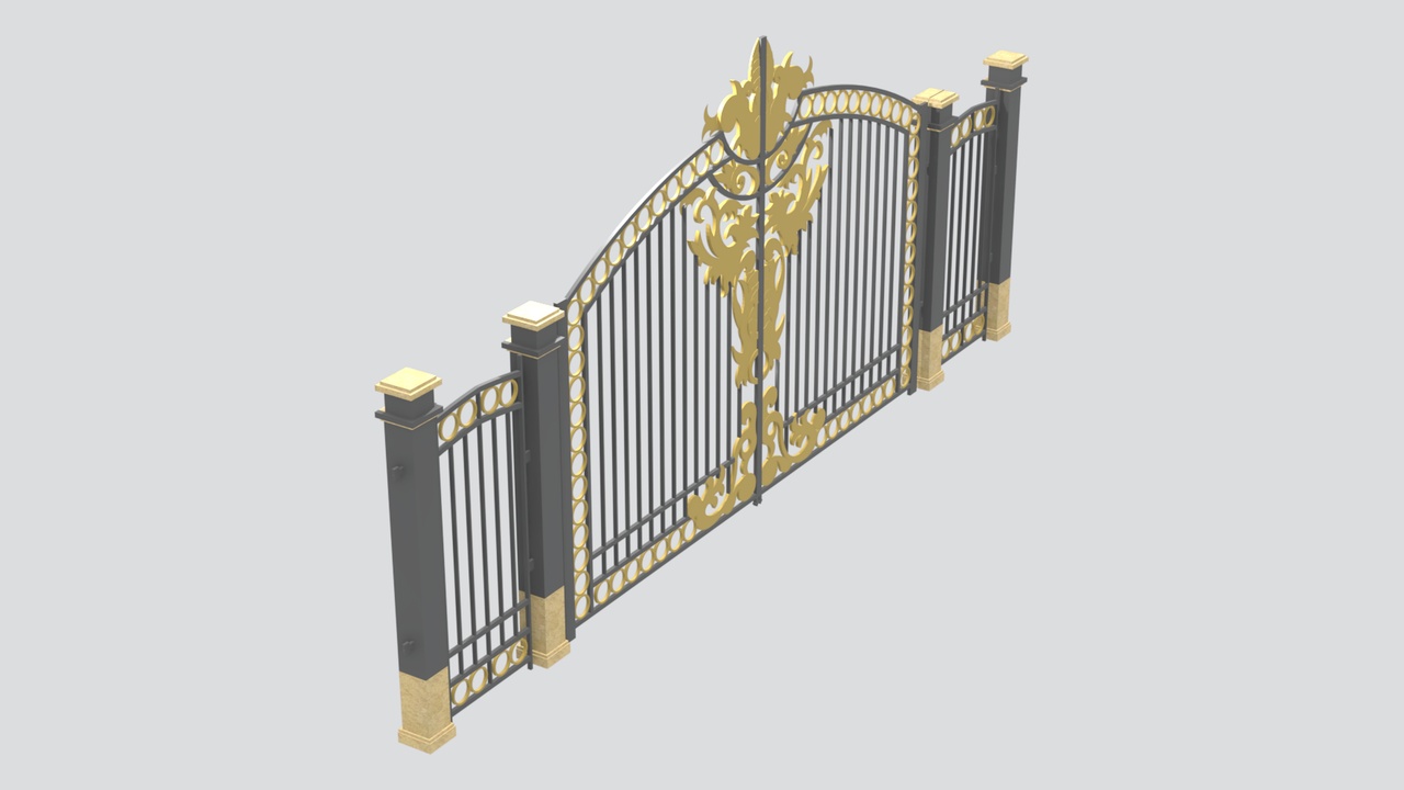 Media 1 for listing Luxury Wrought Iron Gate with Gold Detail and Side Doors 3D Model