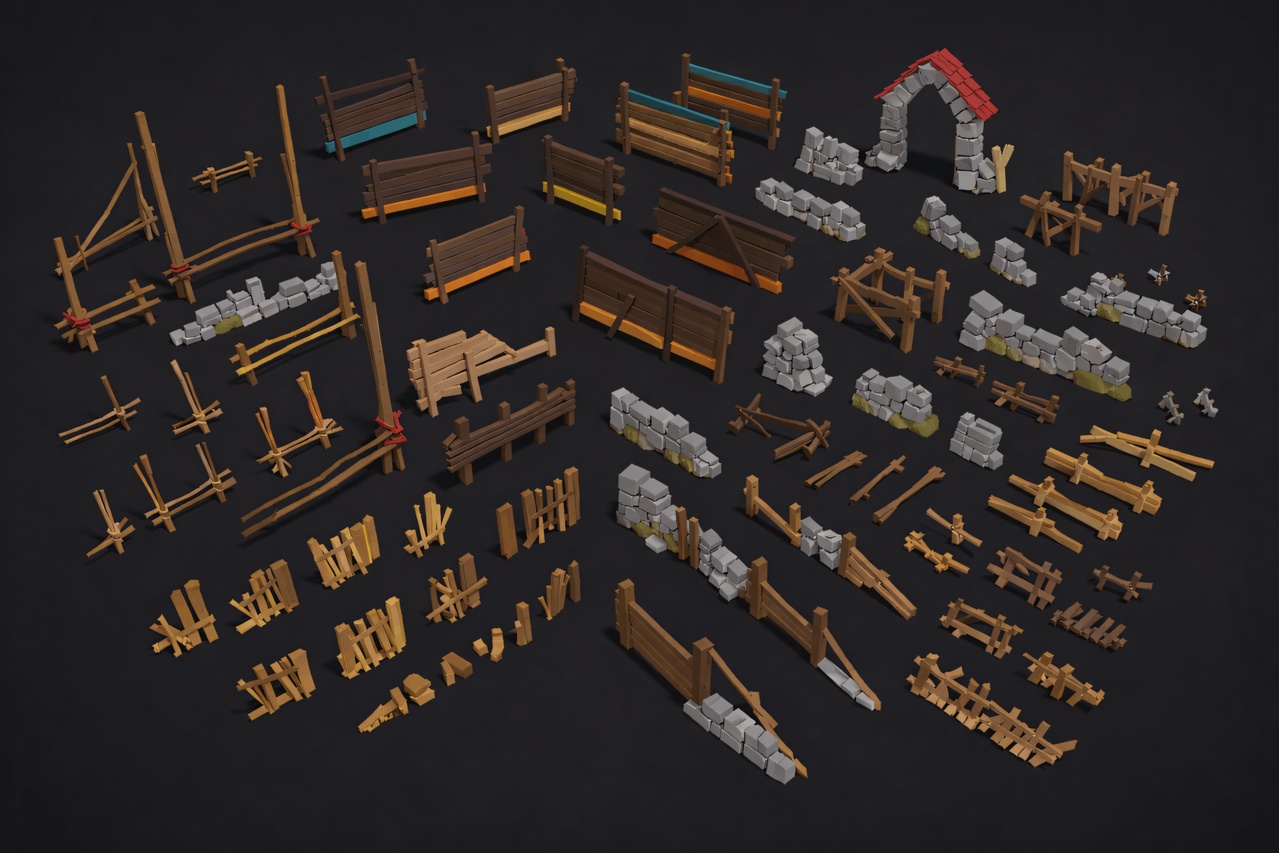 الوسائط 1 للقائمة Low Poly Meadow Barrier Bundle: Fences & Walls