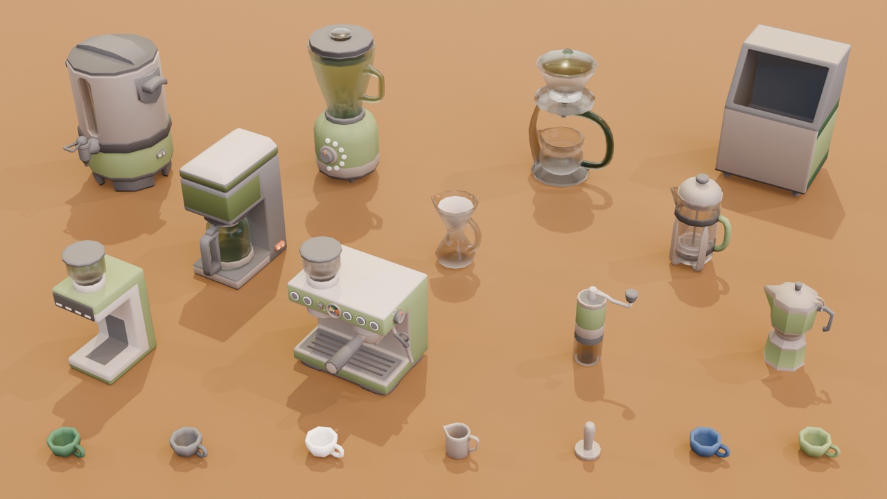 Media 1 for listing Stylized Cafe Equipment Pack – Modular & Interactive -Coffee & Beverage Machines