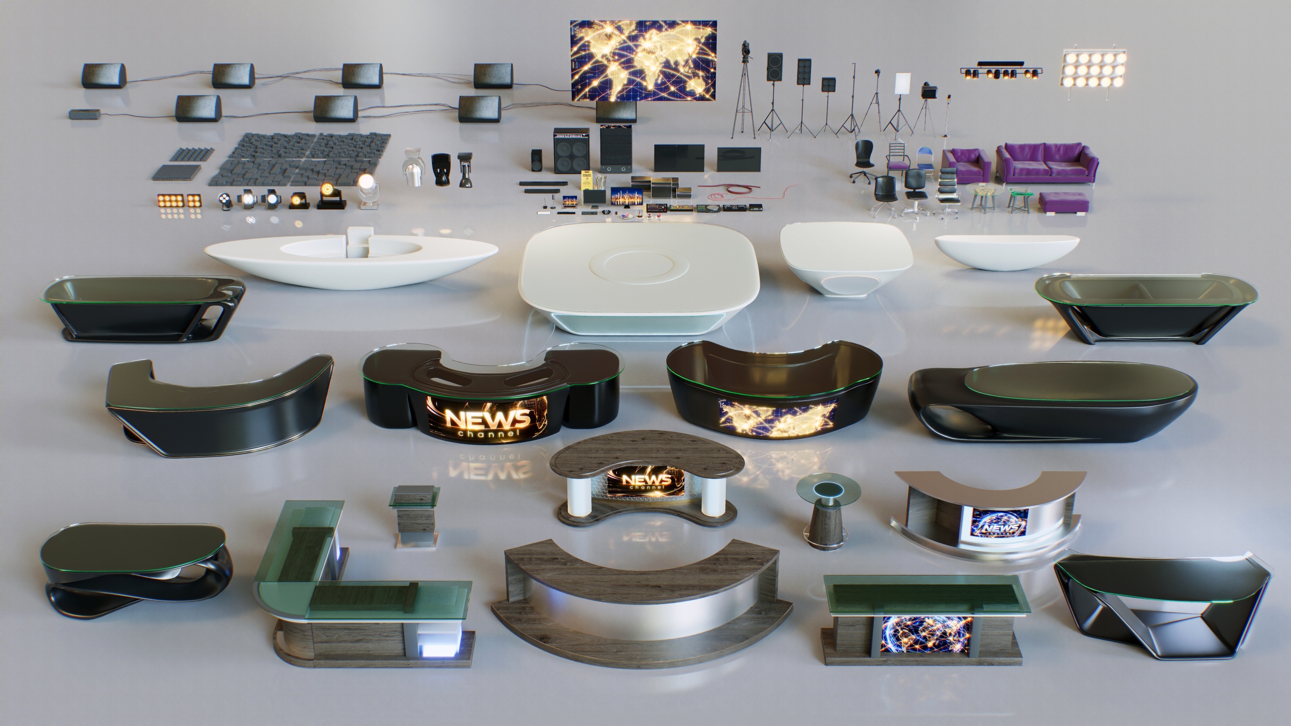 Media 1 for listing News Studio 3D Props Set - Broadcast Desks, Studio Lights, Furniture for VR
