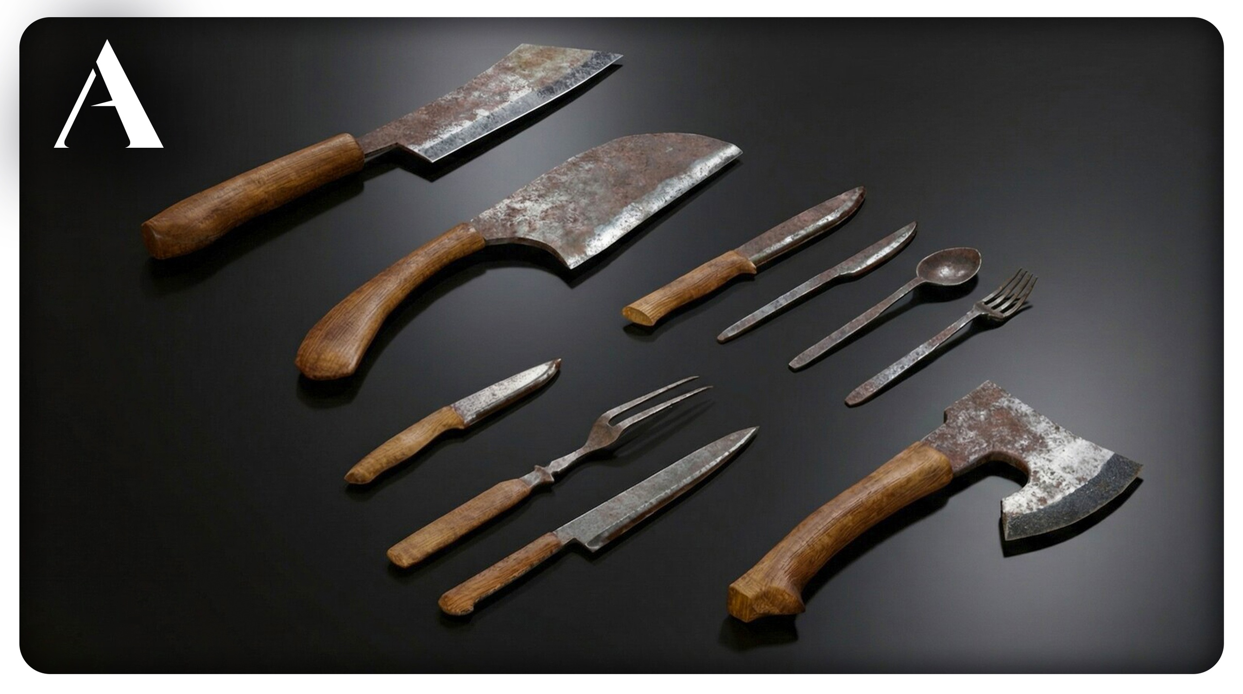 Media 1 for listing Knifes, Axe, Rustic Kitchen Tools Pack, Vintage Cutlery & Cooking Utensils