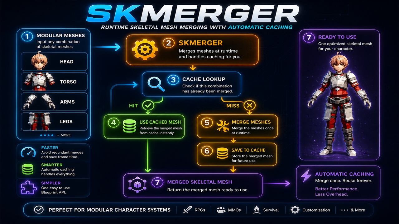 Media 1 for listing SKMerger - Runtime Skeletal Mesh Merging & Caching System