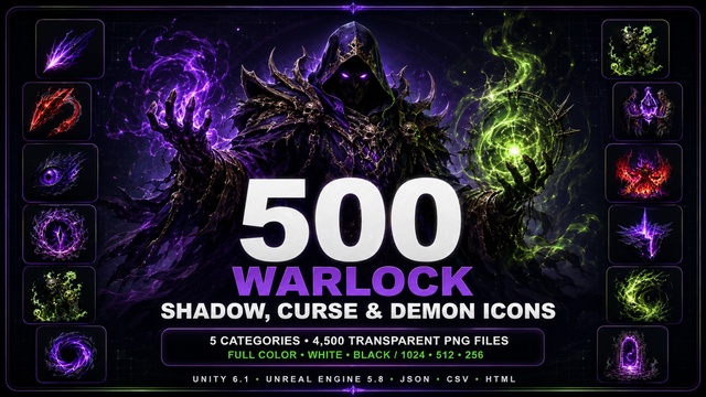 500 Warlock Shadow, Curse & Demon Ability Icons — Cobalt Game Assets