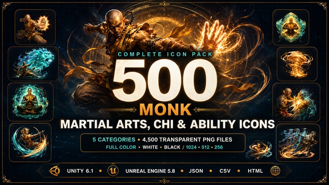 500 Monk Martial Arts, Chi & Ability Icons — Cobalt Game Assets