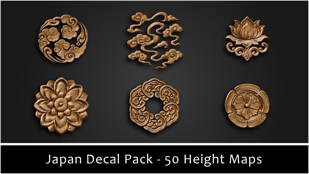 Media 1 for listing 3DT Japanese Ornamental Decal & Stamp Pack — 50 Height Stamps for Blender, Subst