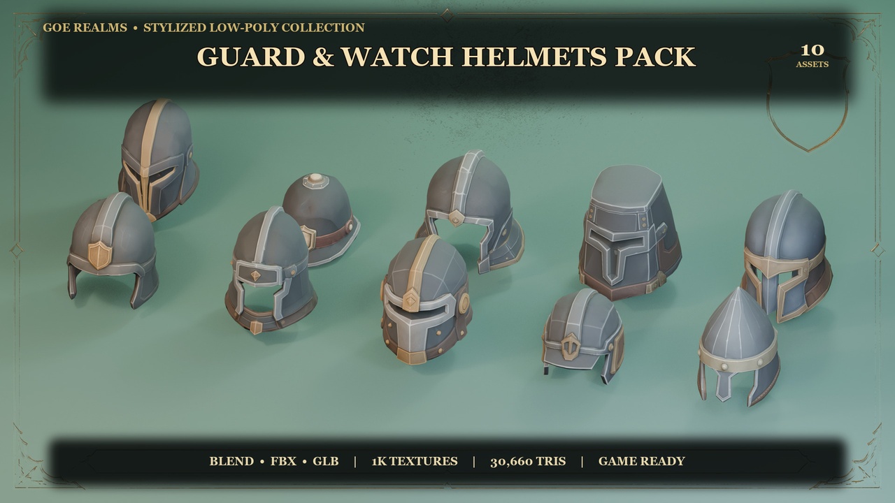 Media 1 for listing Stylized Guard & Watch Helmets Pack – 10 Hand-Painted Props