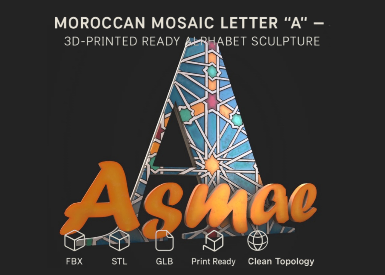 Media 1 for listing Moroccan Mosaic Letter “A” 3D-printed ready alphabet sculpture