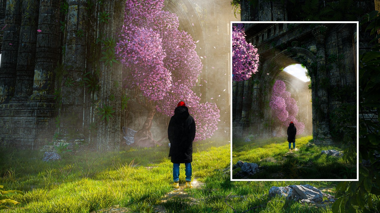 Media 1 for listing Mystical Ruins With Blooming Pink Tree – Fantasy Environment Scene Project File