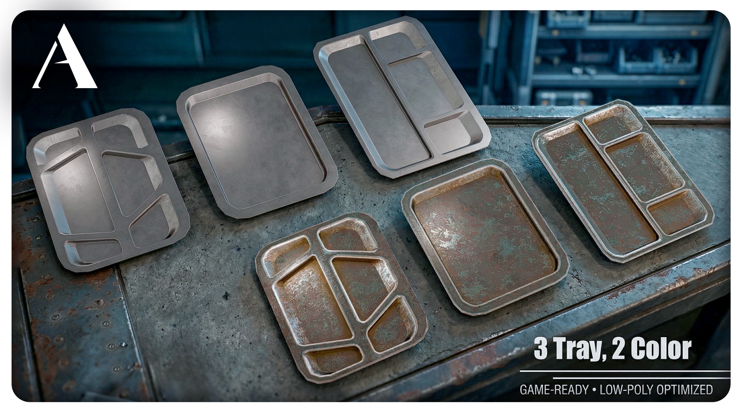 Media 1 for listing Industrial Metal Serving Trays Pack (3 Trays, Clean & Worn)