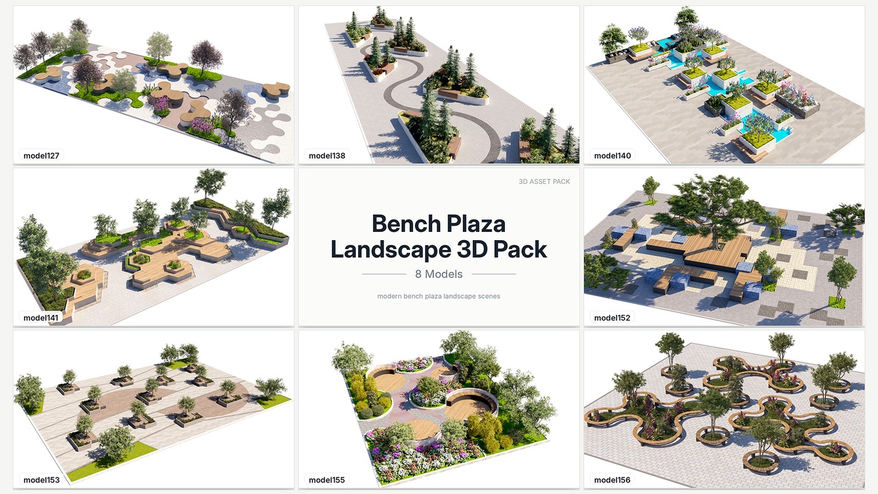 Media 1 for listing 8 Bench Plaza Landscape 3D Model Pack 02