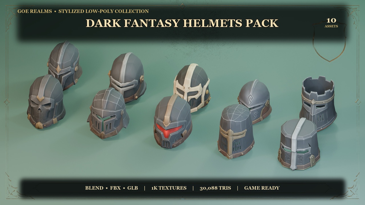 Media 1 for listing Stylized Dark Fantasy Helmets Pack – 10 Hand-Painted Props