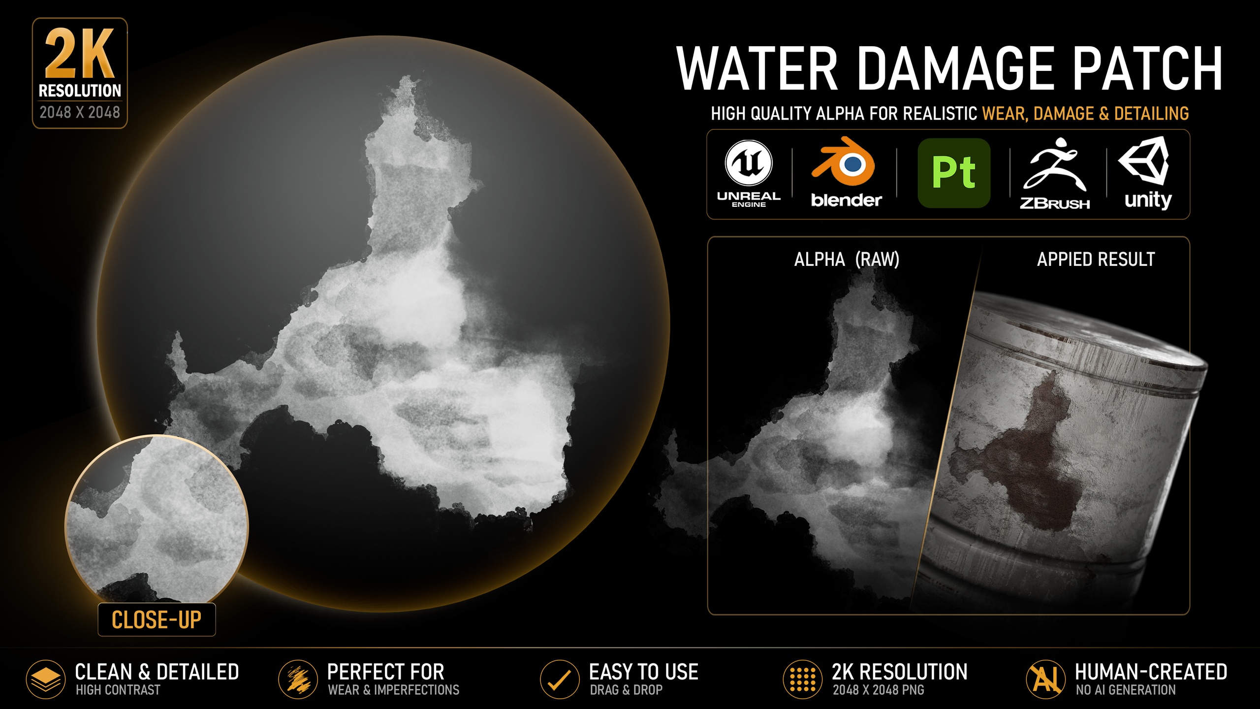 Media 1 for listing Water Damage Patch Alpha | High-Resolution Grunge Texture