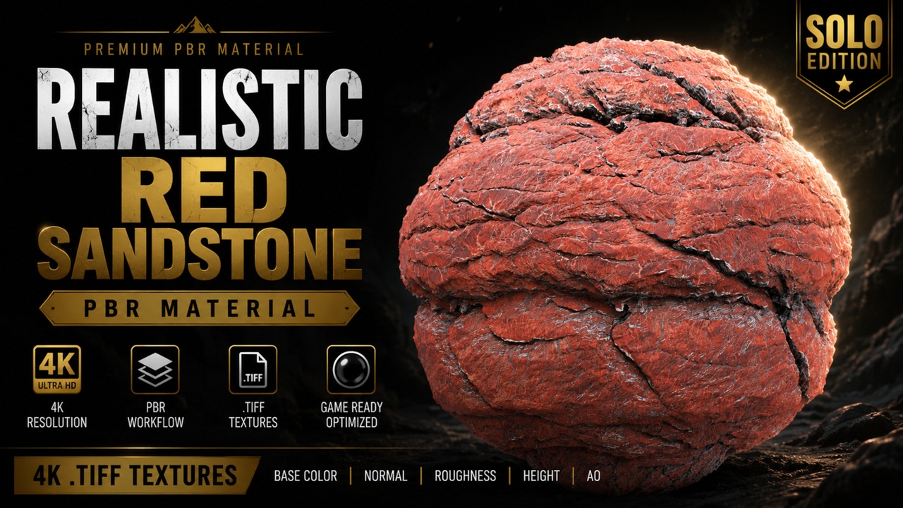 Media 1 for listing Realistic Red Sandstone – 4K PBR Material (Solo Edition)