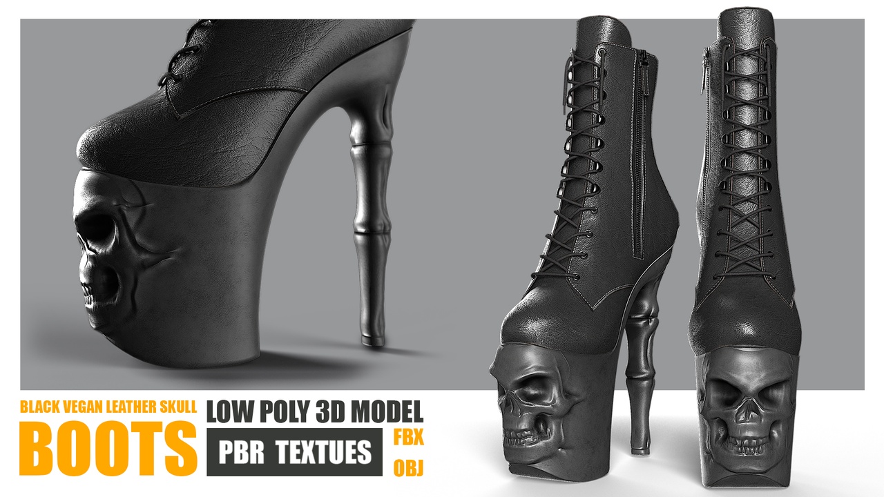 Media 1 for listing Black Vegan Leather Skull Boots - Low Poly PBR Textures