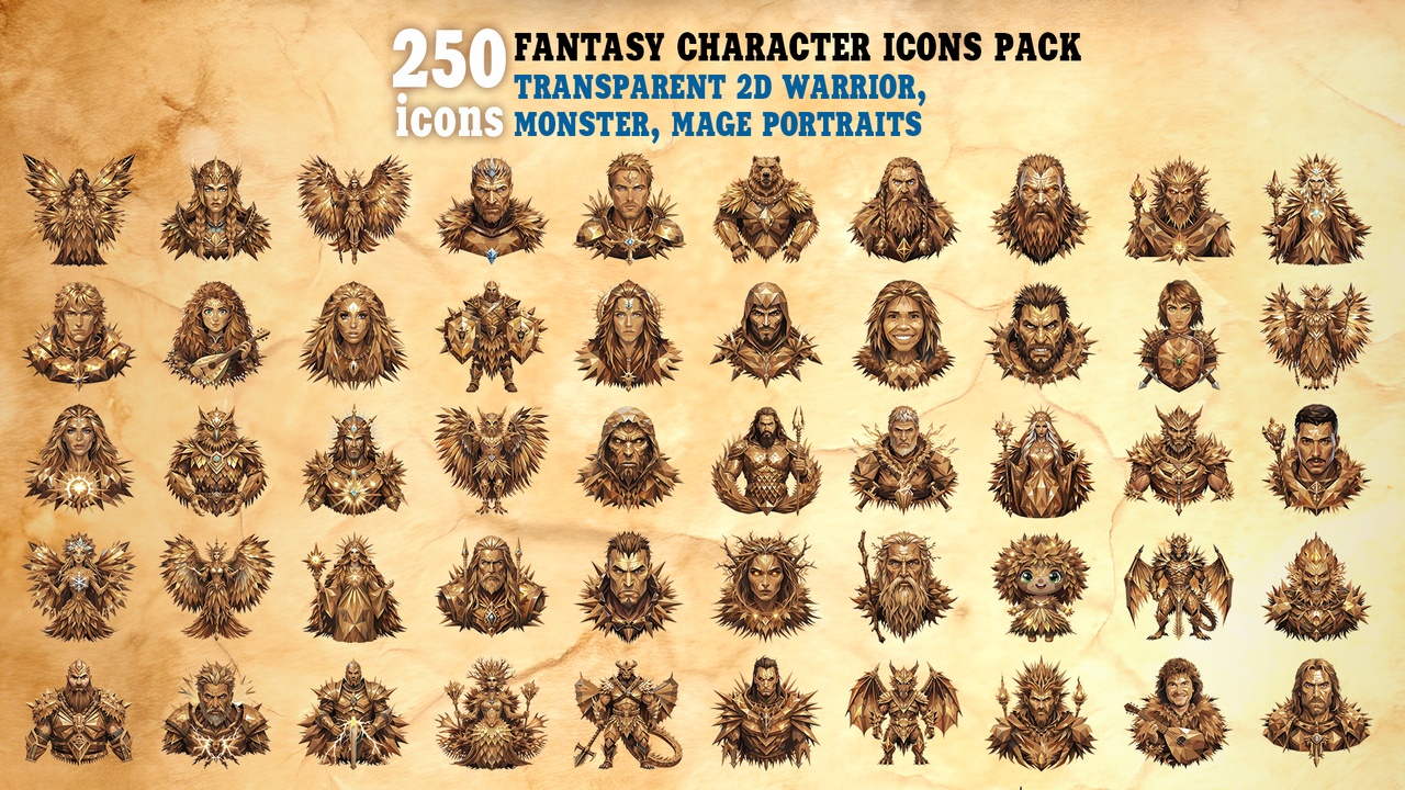 Media 1 for listing Fantasy Character Icons Pack - 250 Transparent 2D Warrior Portraits