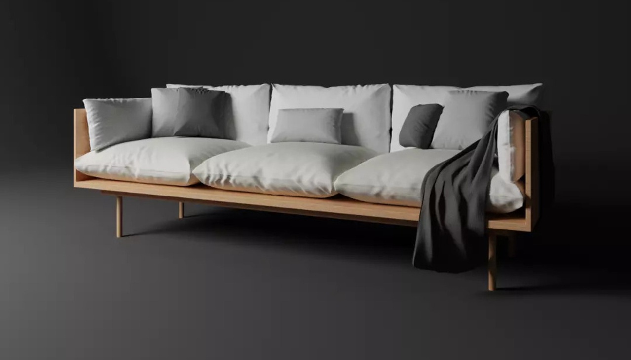 Media 1 for listing Minimalist Scandinavian Fabric Sofa - Comfort Couch with Pillows & Plaid